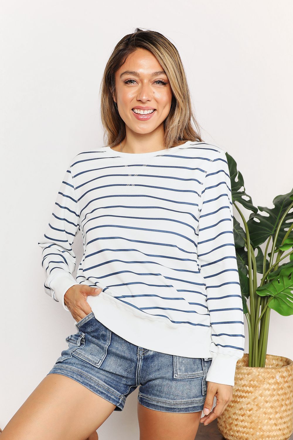 Striped long sleeve round neck top – full view