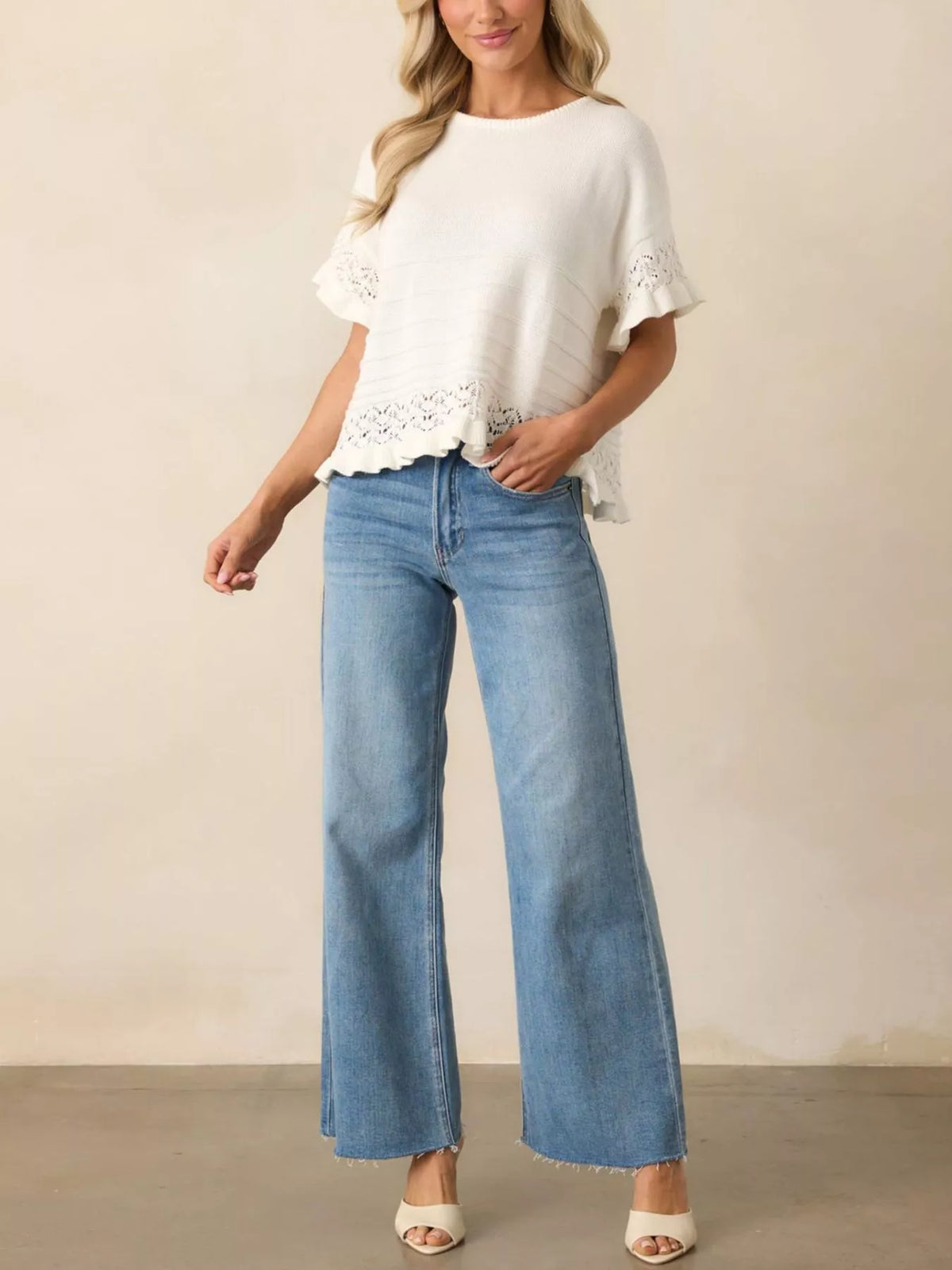 Khaki lace knit top – full view