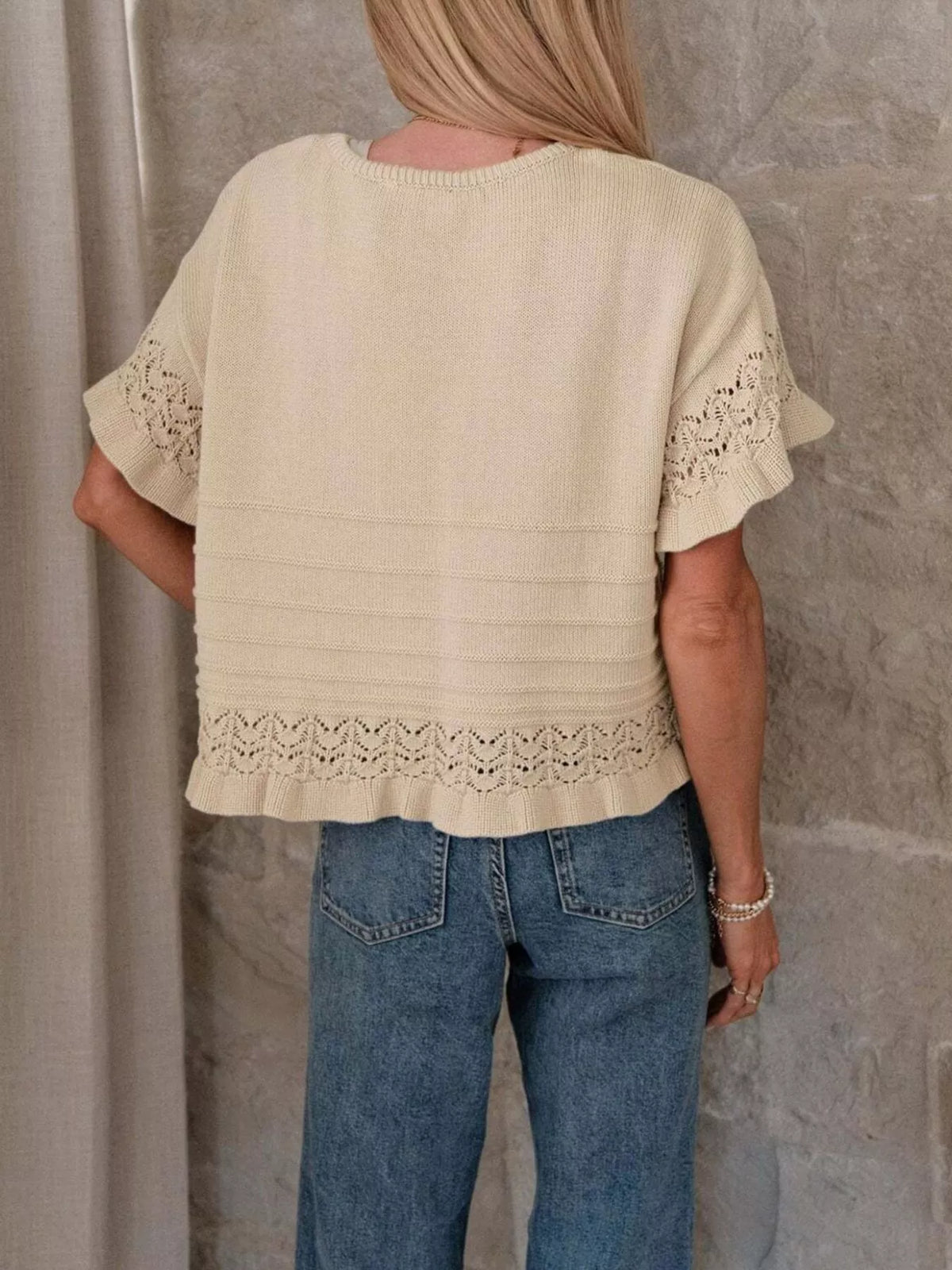Grey lace trimmed knit top – styling view