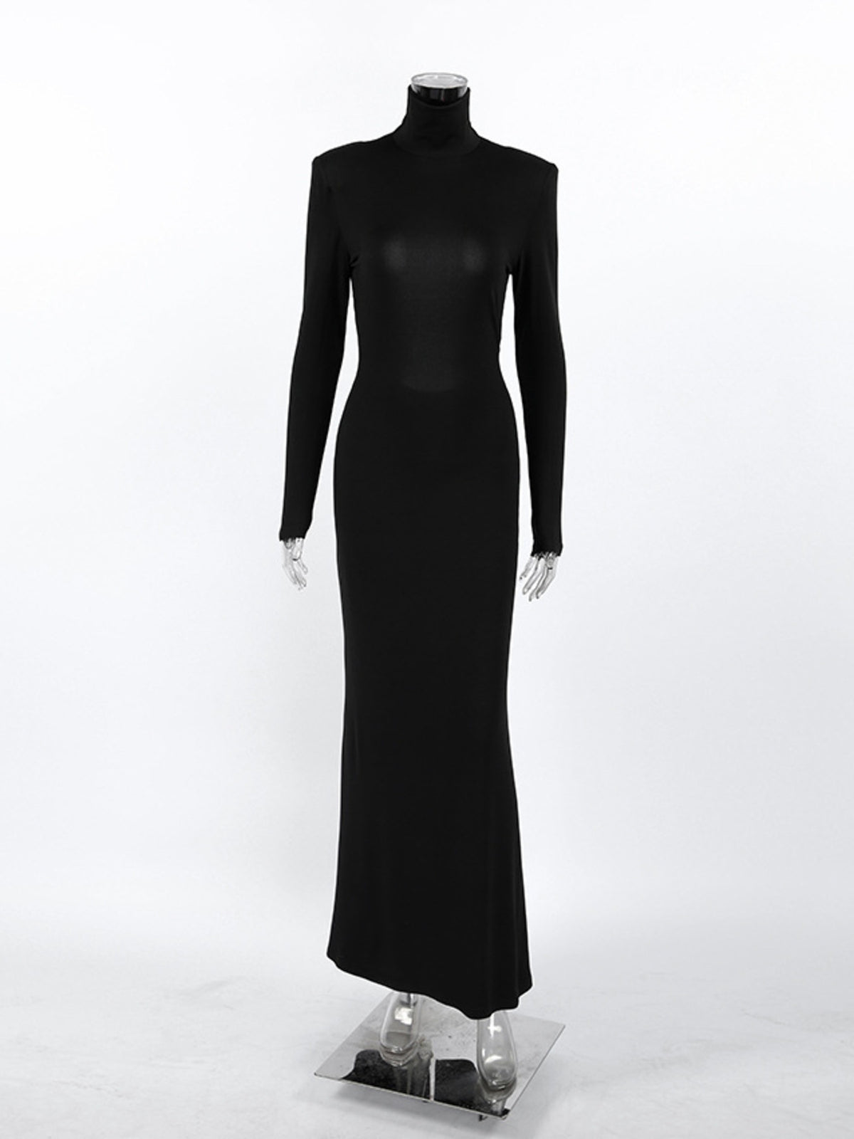 Black turtleneck long-sleeve bodycon maxi dress on mannequin, front view