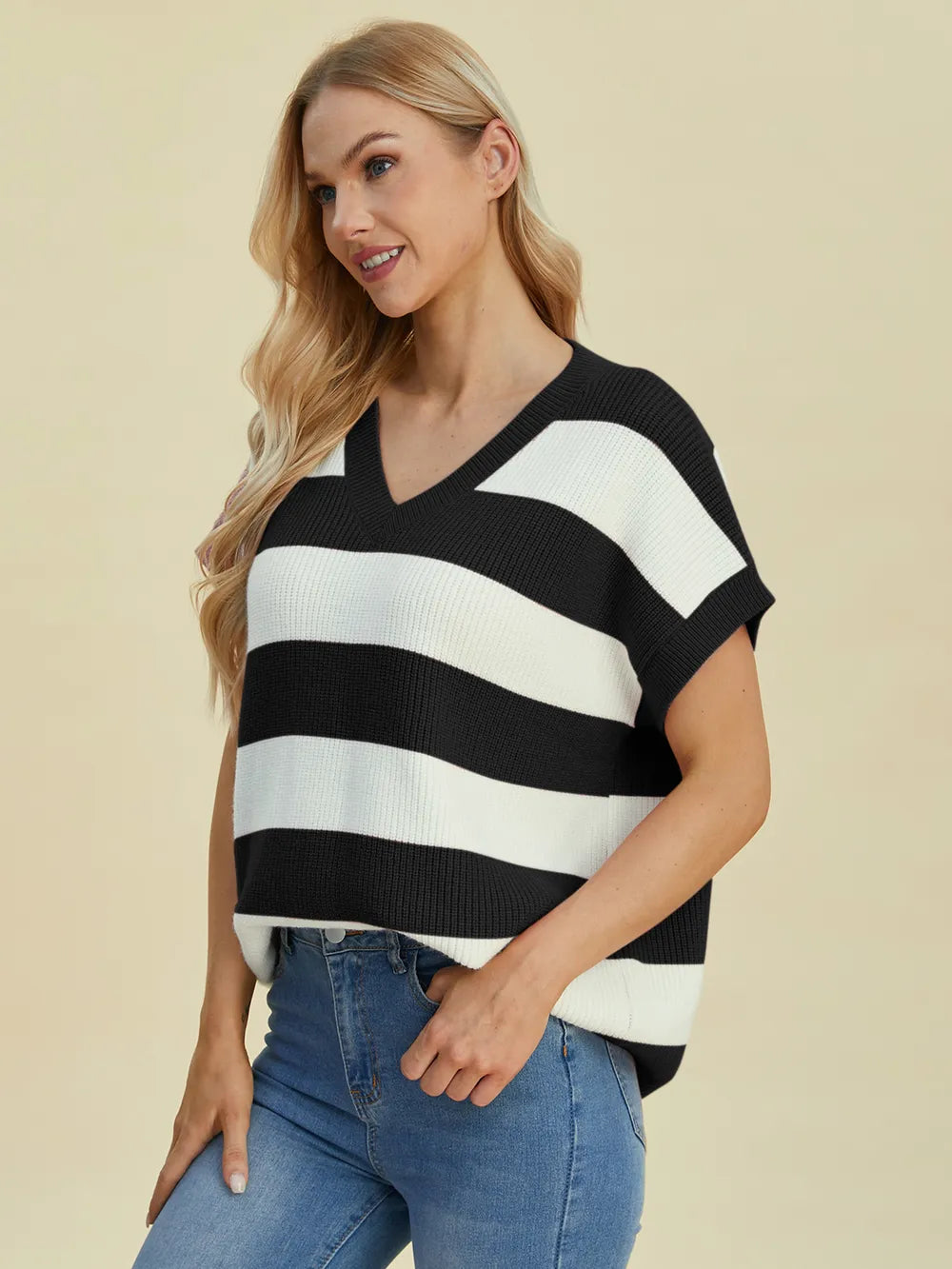 Striped V-neck sweater for women – VELOURA