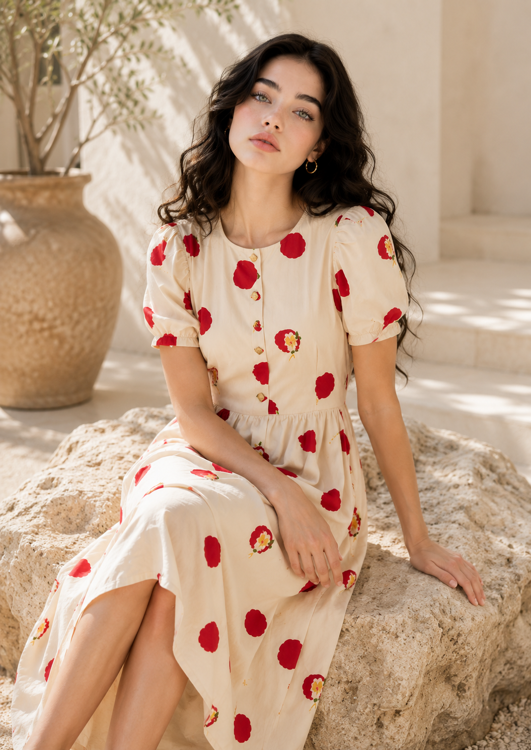 Red floral midi dress – fabric and print detail