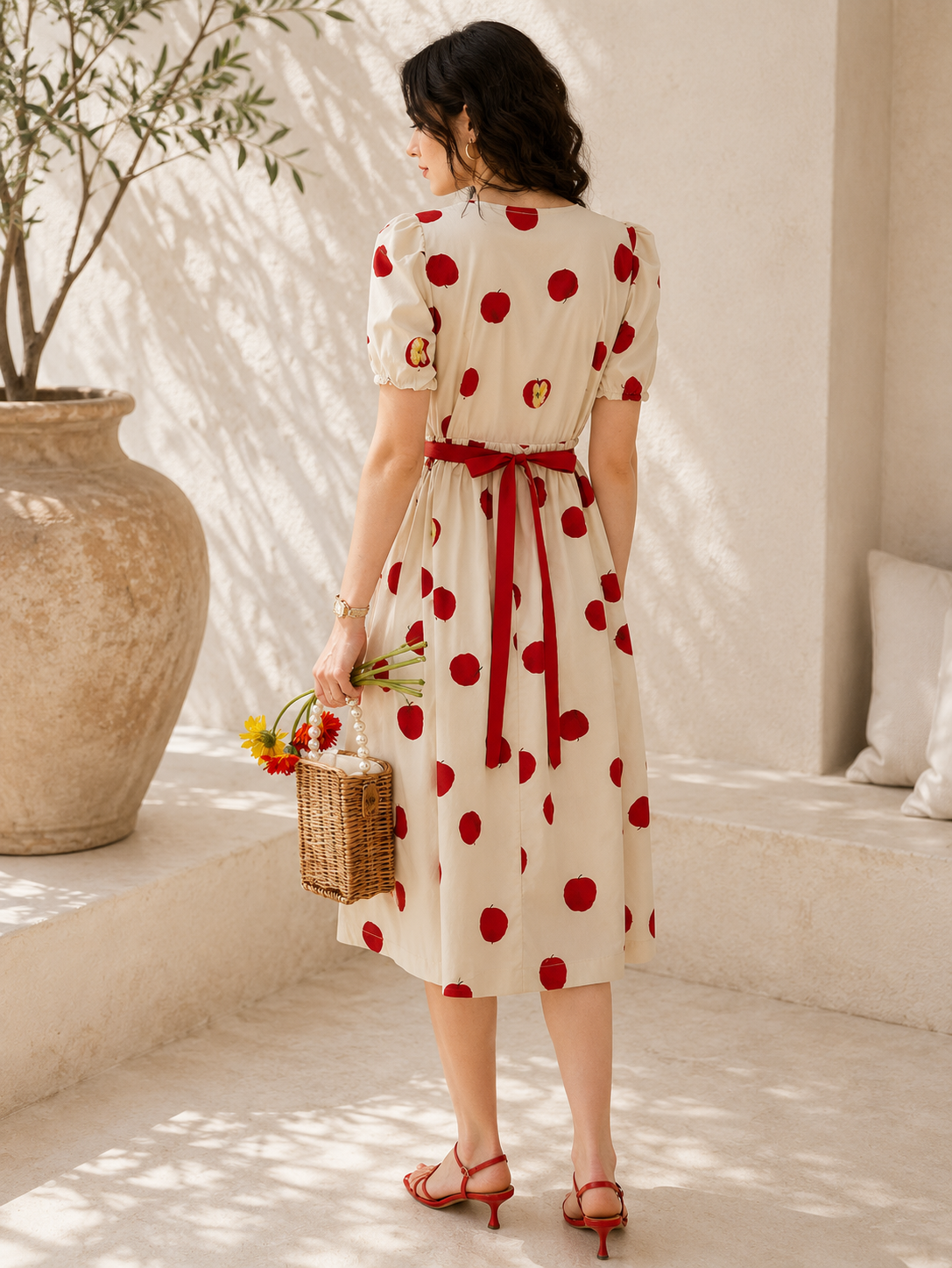 Apricot floral print midi dress styling detail