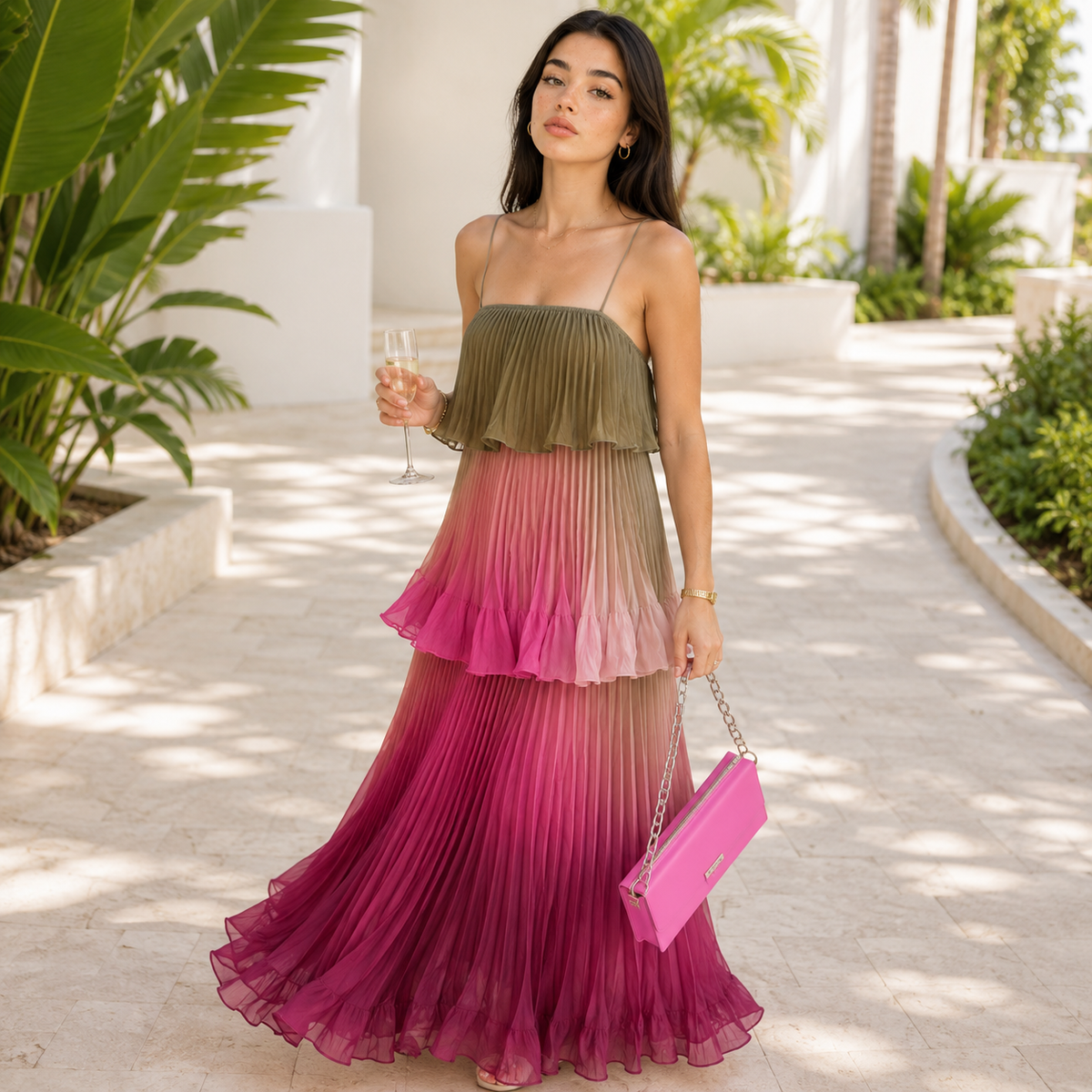 Ocean blue ombre ruched maxi dress