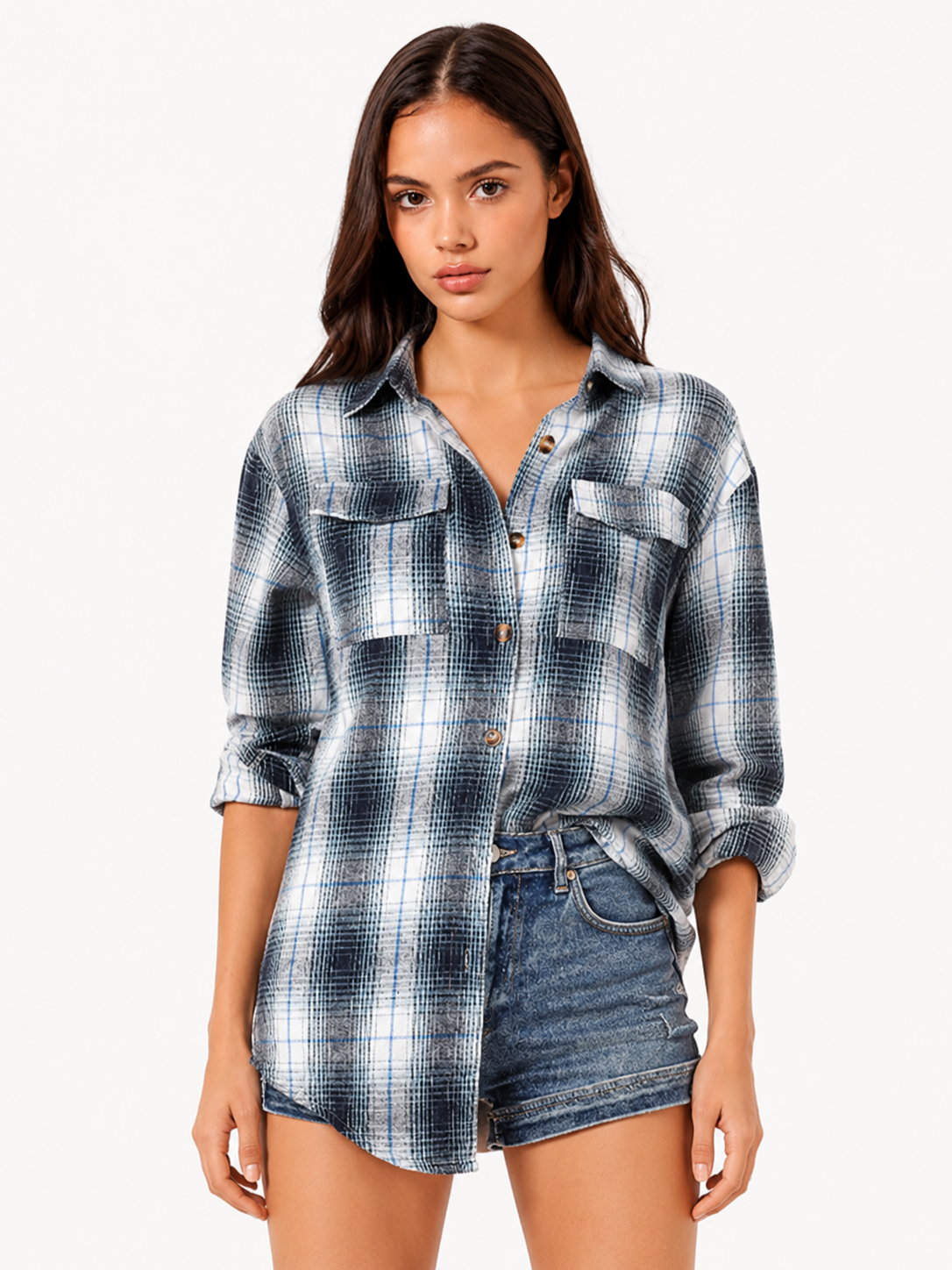 Blue plaid dropped shoulder shirt – full view