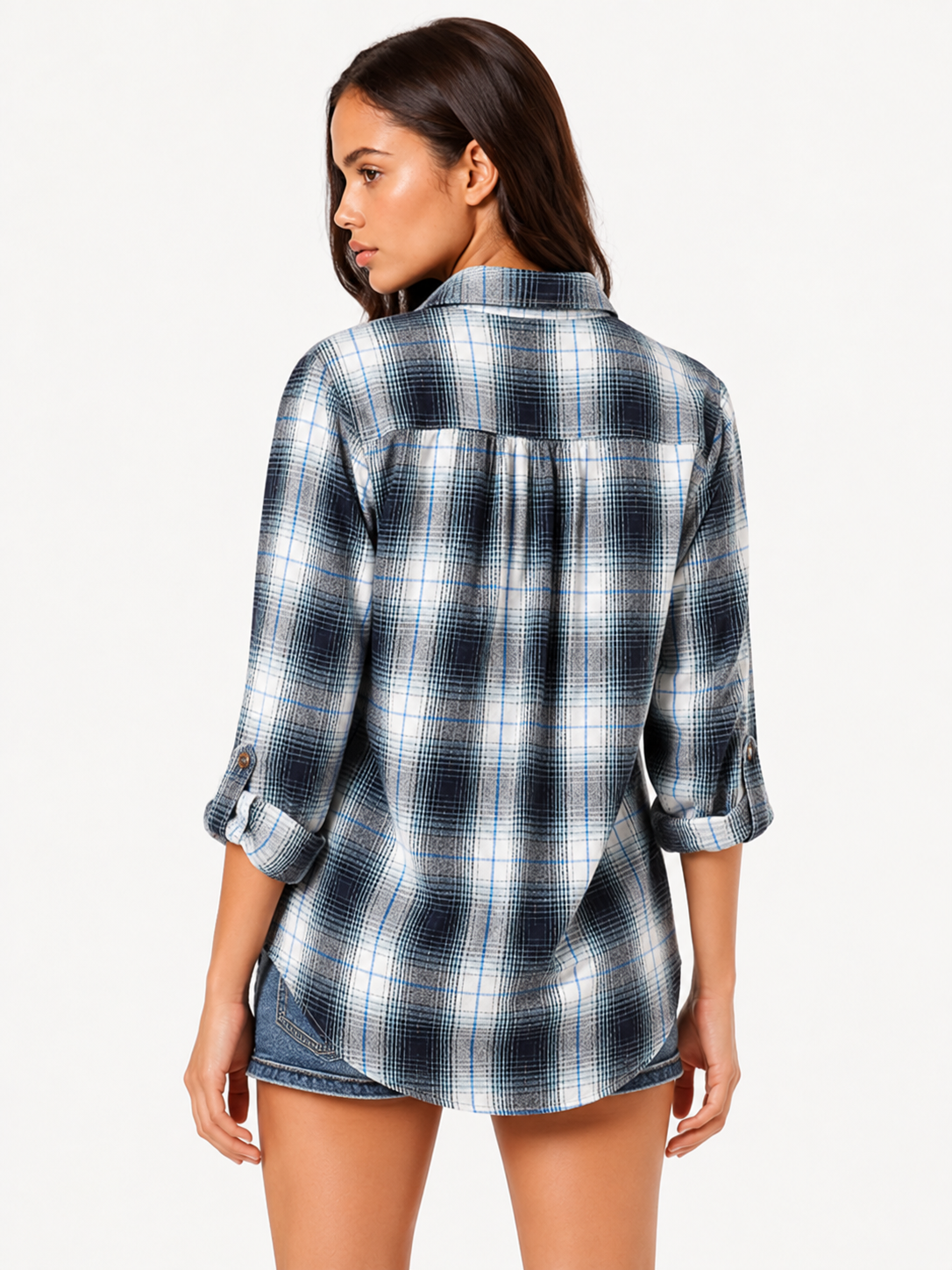 Blue plaid shirt – side view