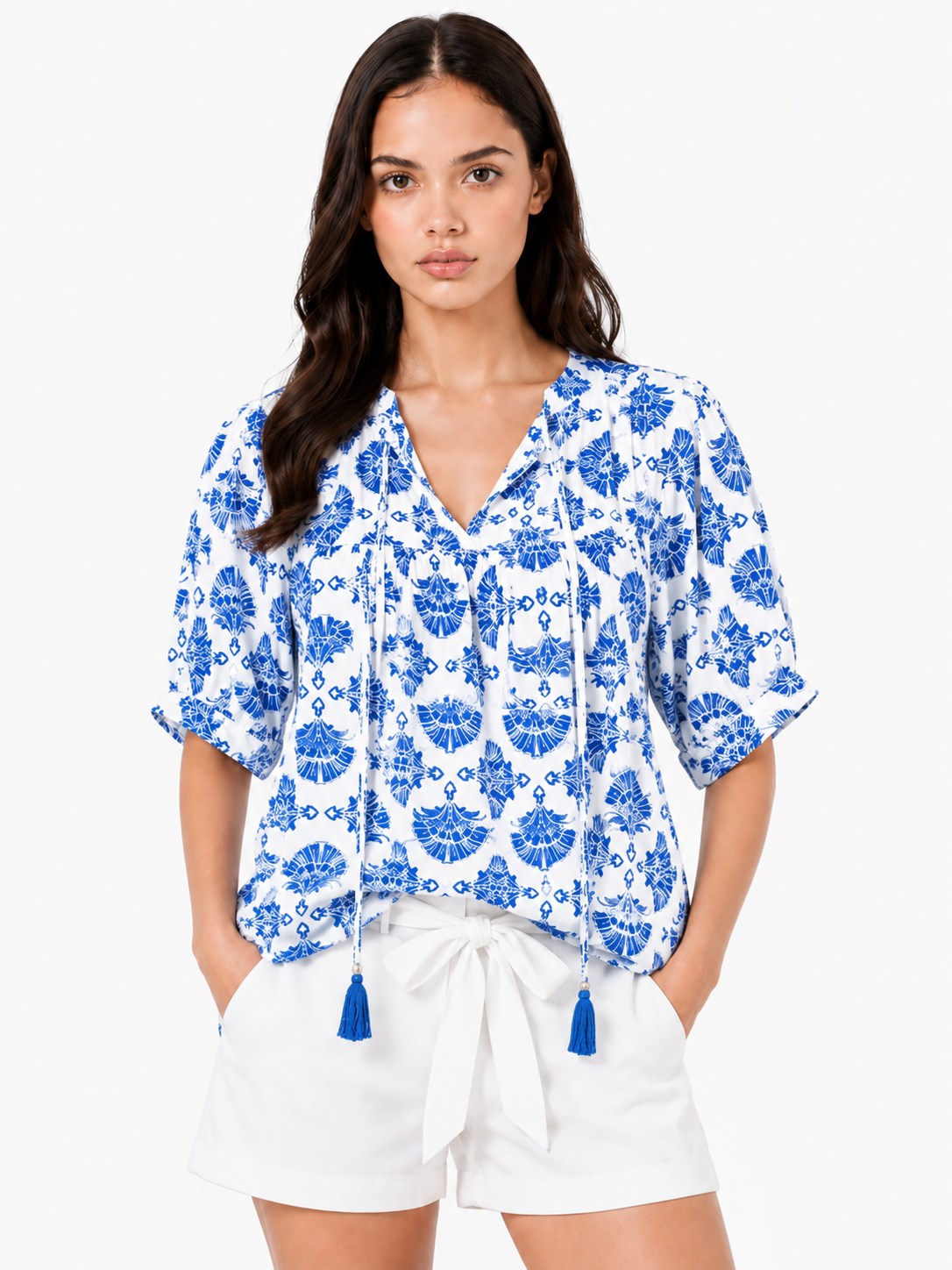 Sky blue tassel tie blouse – full view