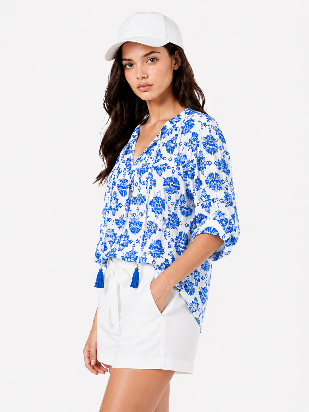 Sky blue printed blouse – styling view
