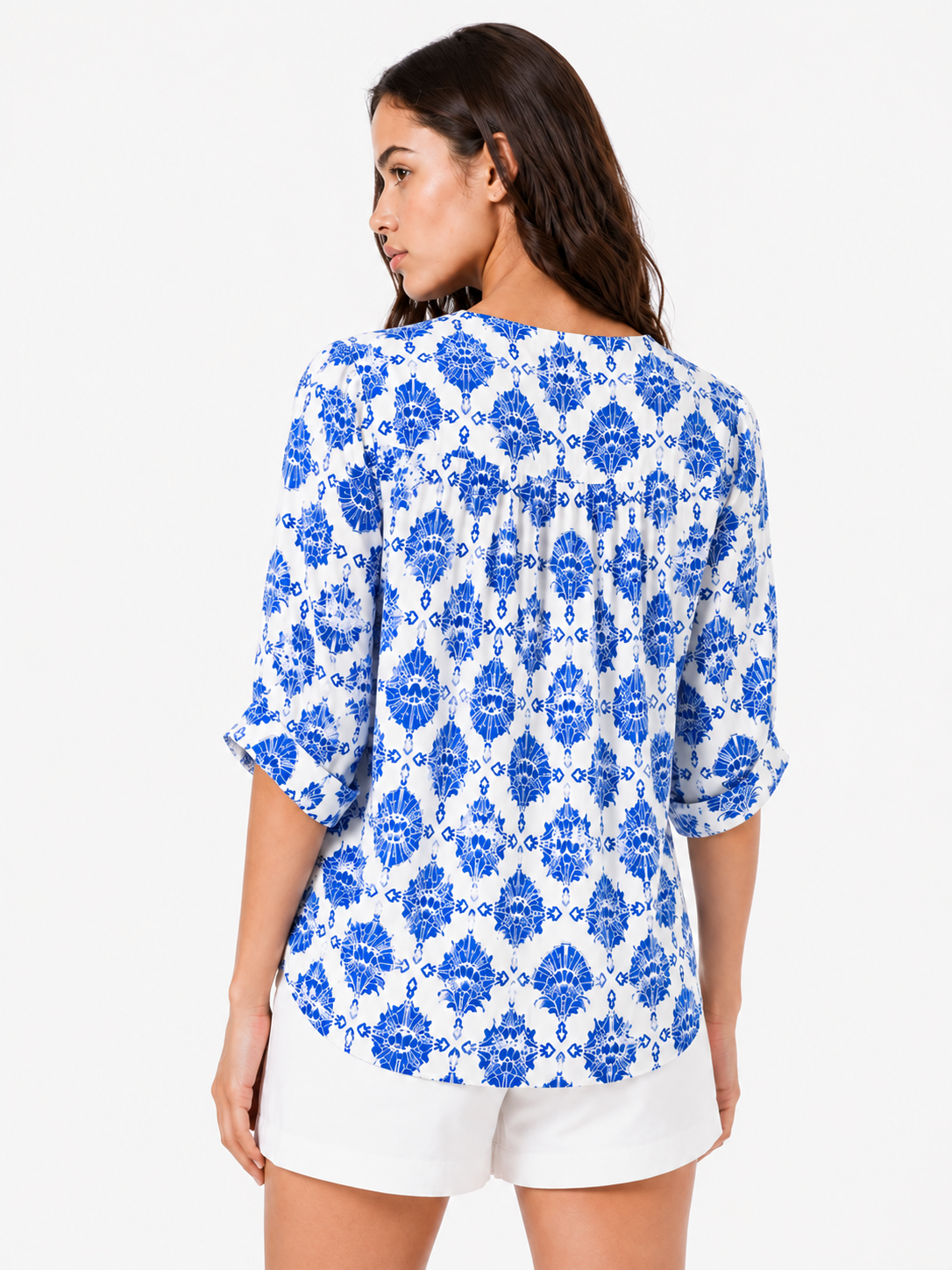 Tie neck blouse with tassel detail – front view