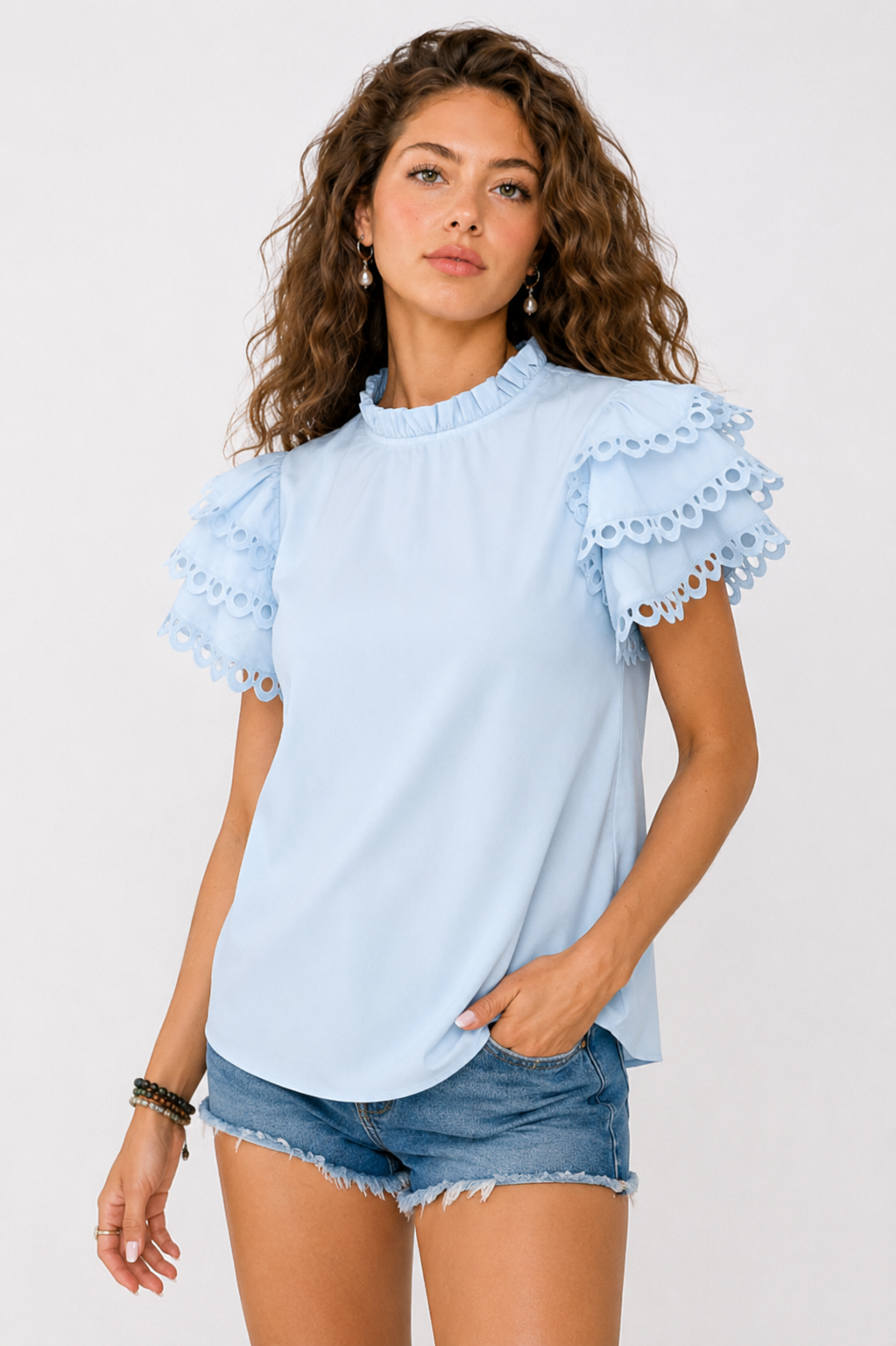 Blue eyelet ruffle blouse – full view