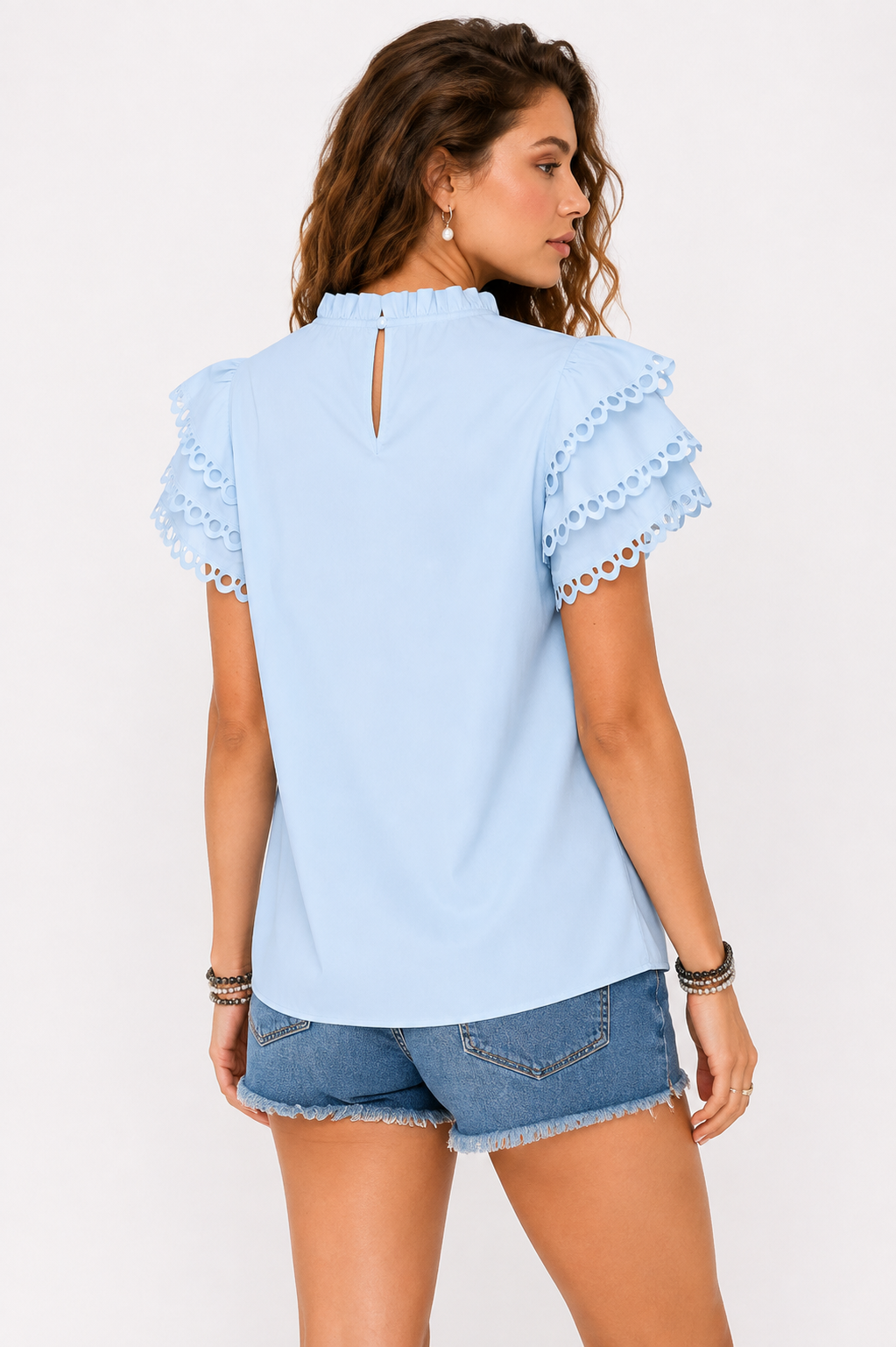Blue short sleeve ruffle blouse – styling view