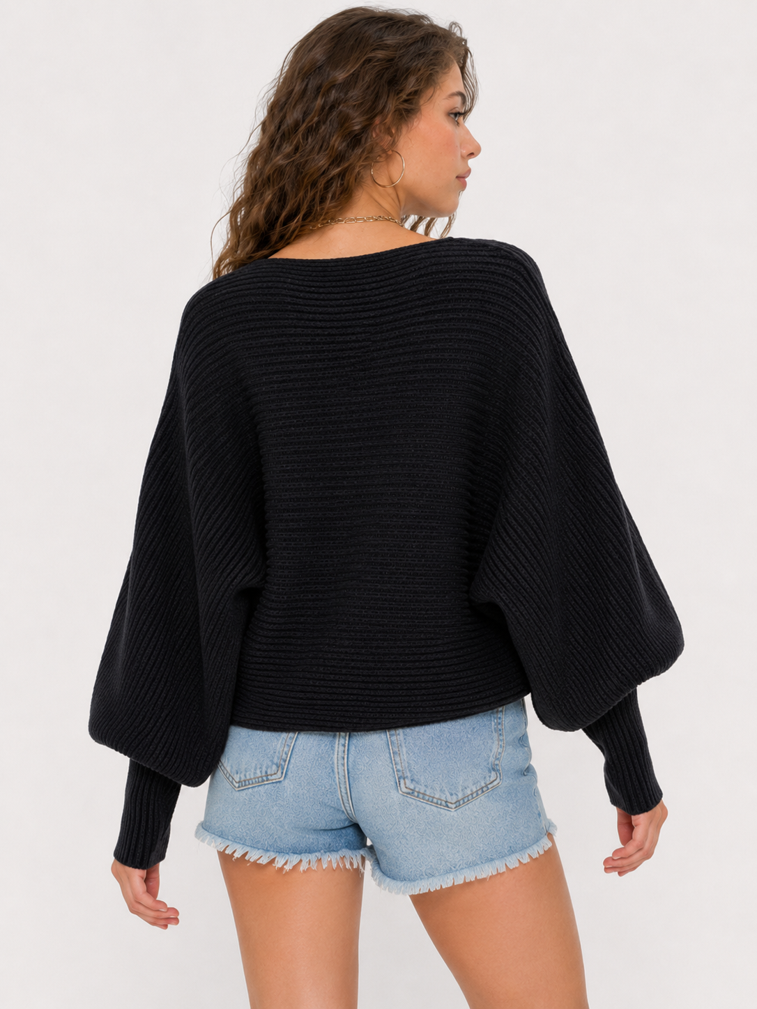 Black ribbed dolman sweater – front view