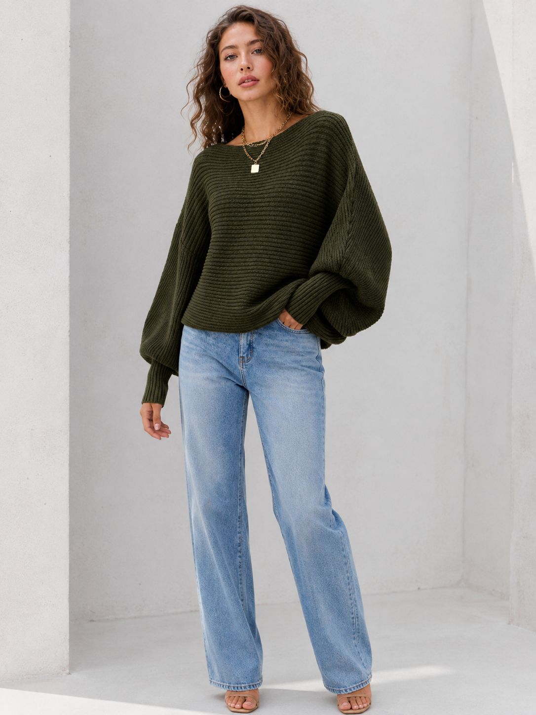 Khaki slouchy knit sweater – detail view