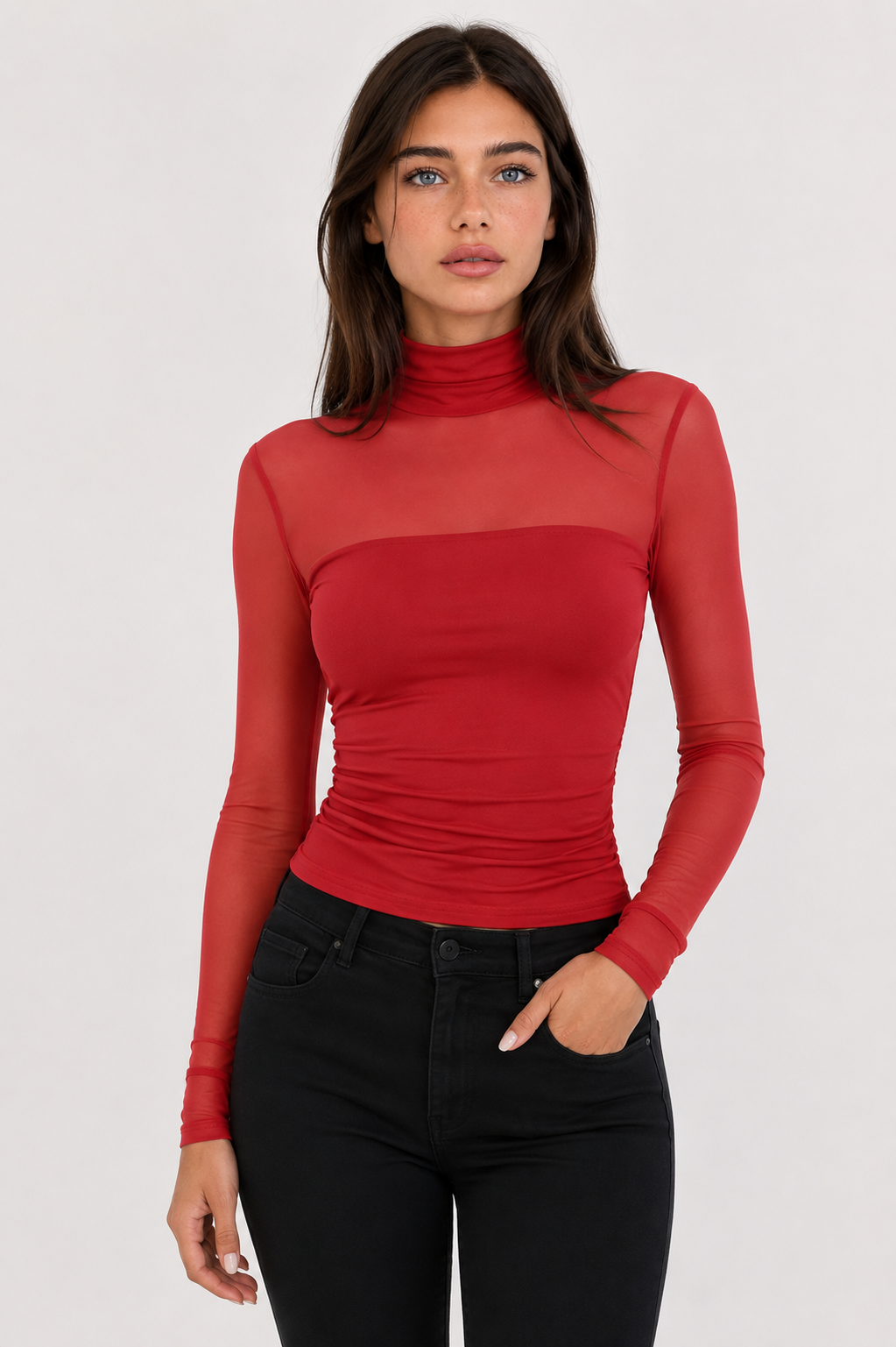 Dark green mock neck top – side view