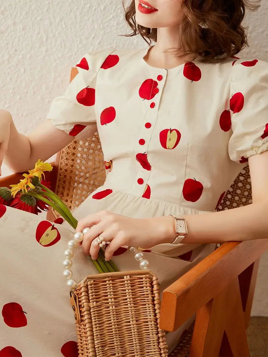Apricot red floral midi dress for women