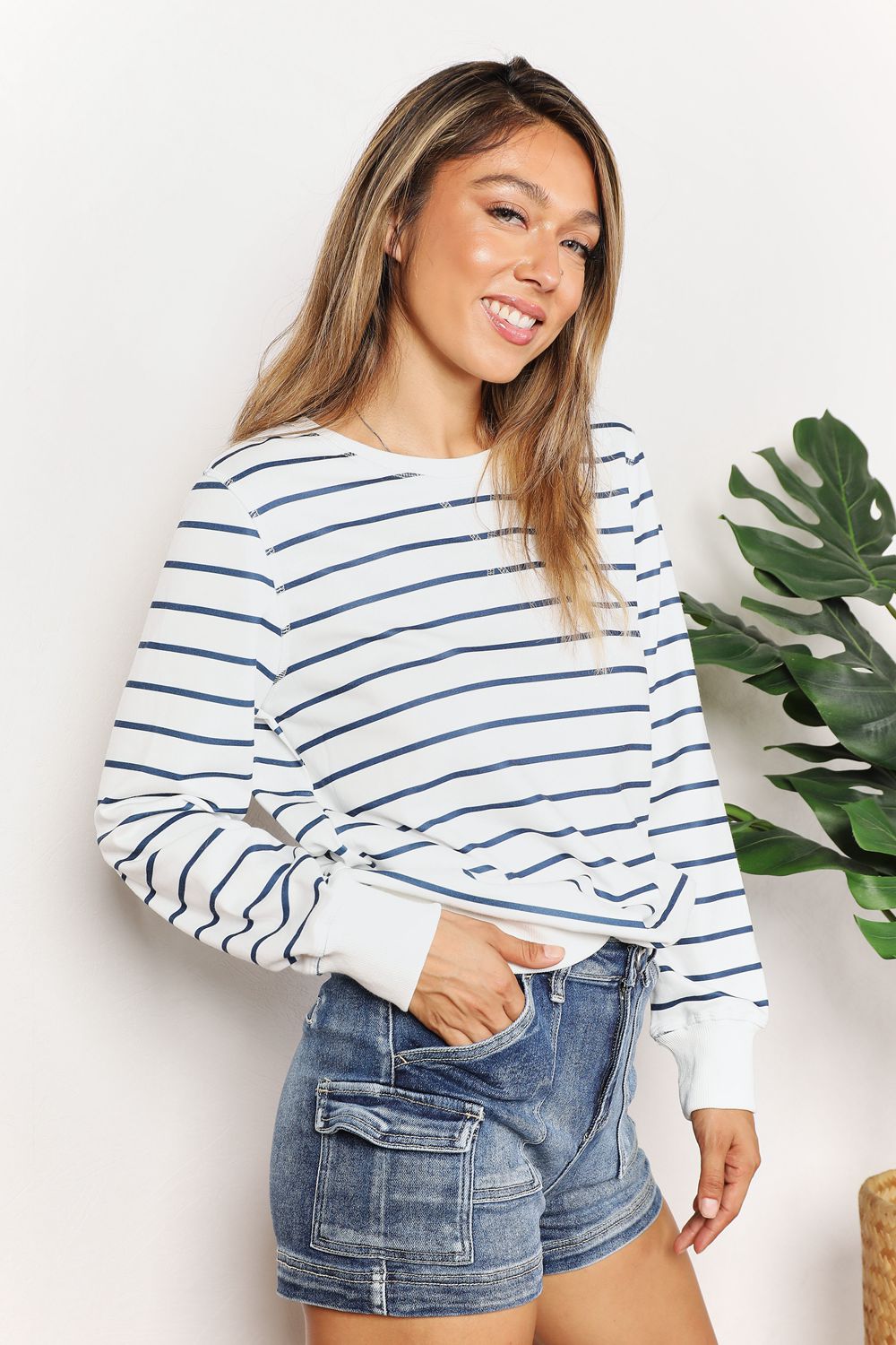 Striped long sleeve top – side view