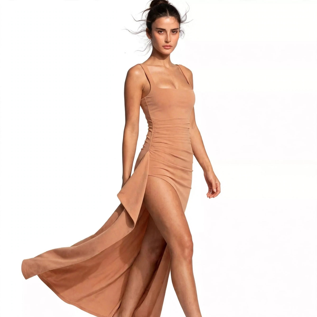 apricot ruched high slit maxi dress – front view, walking