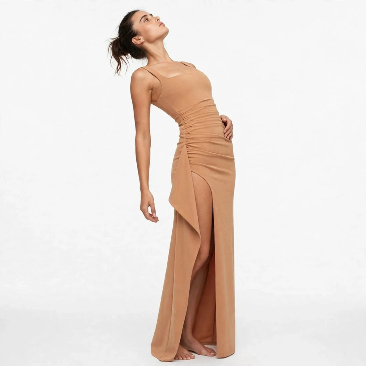 apricot ruched high slit maxi dress – side view