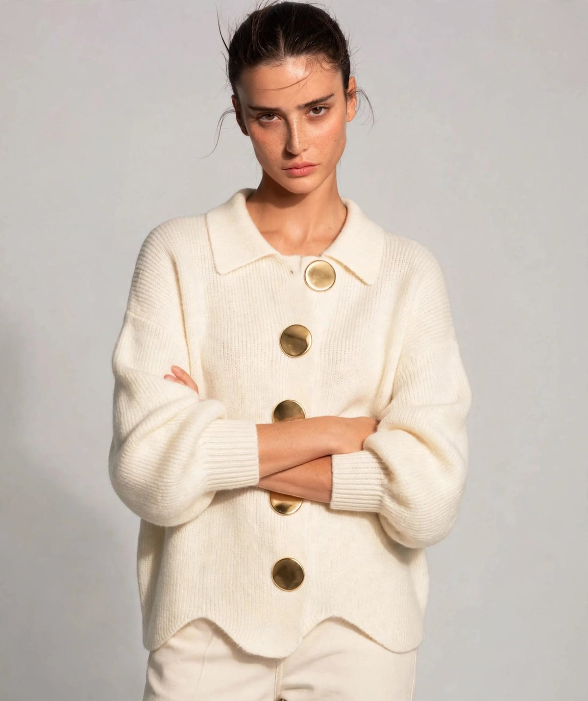 beige gold button lantern sleeve cardigan – front view 2