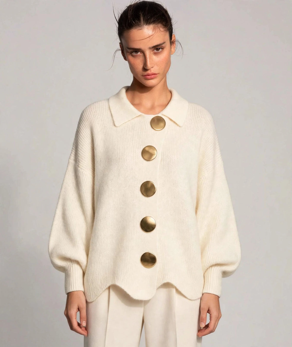 beige gold button lantern sleeve cardigan – front view 3