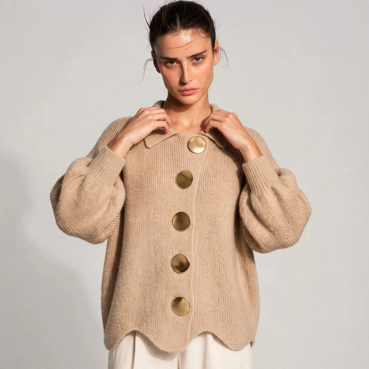 beige gold button lantern sleeve cardigan – front view 4
