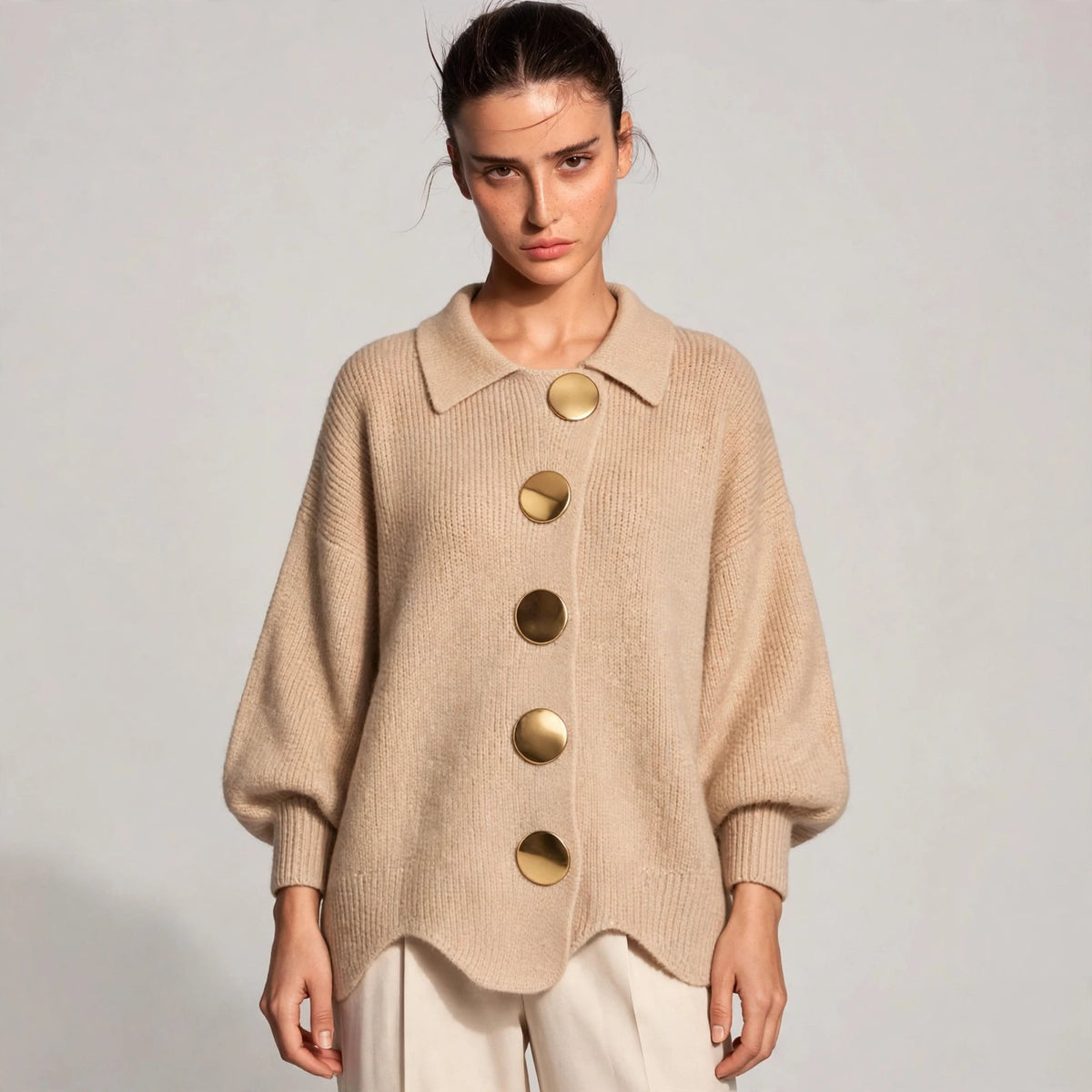 beige gold button lantern sleeve cardigan – front view 5