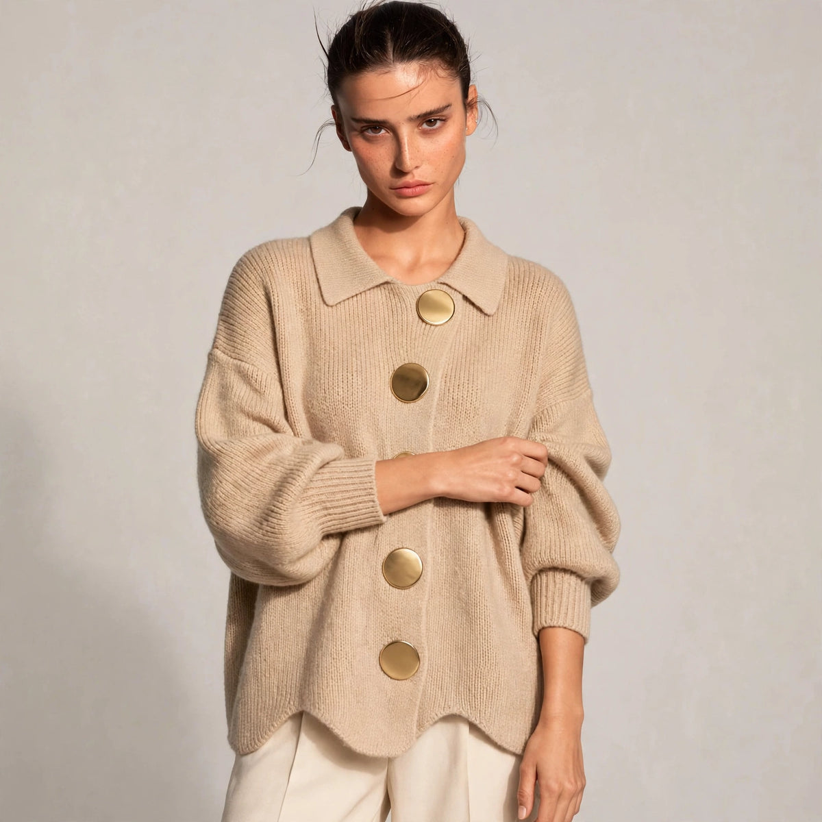 beige gold button lantern sleeve cardigan – front view 6