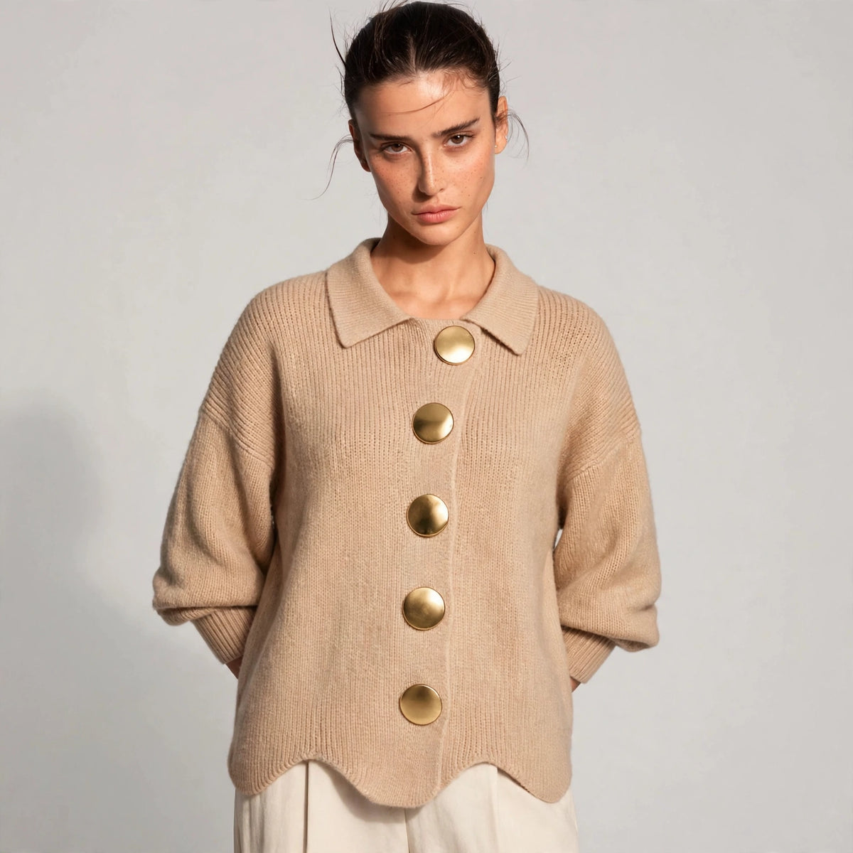 beige gold button lantern sleeve cardigan – front view 7