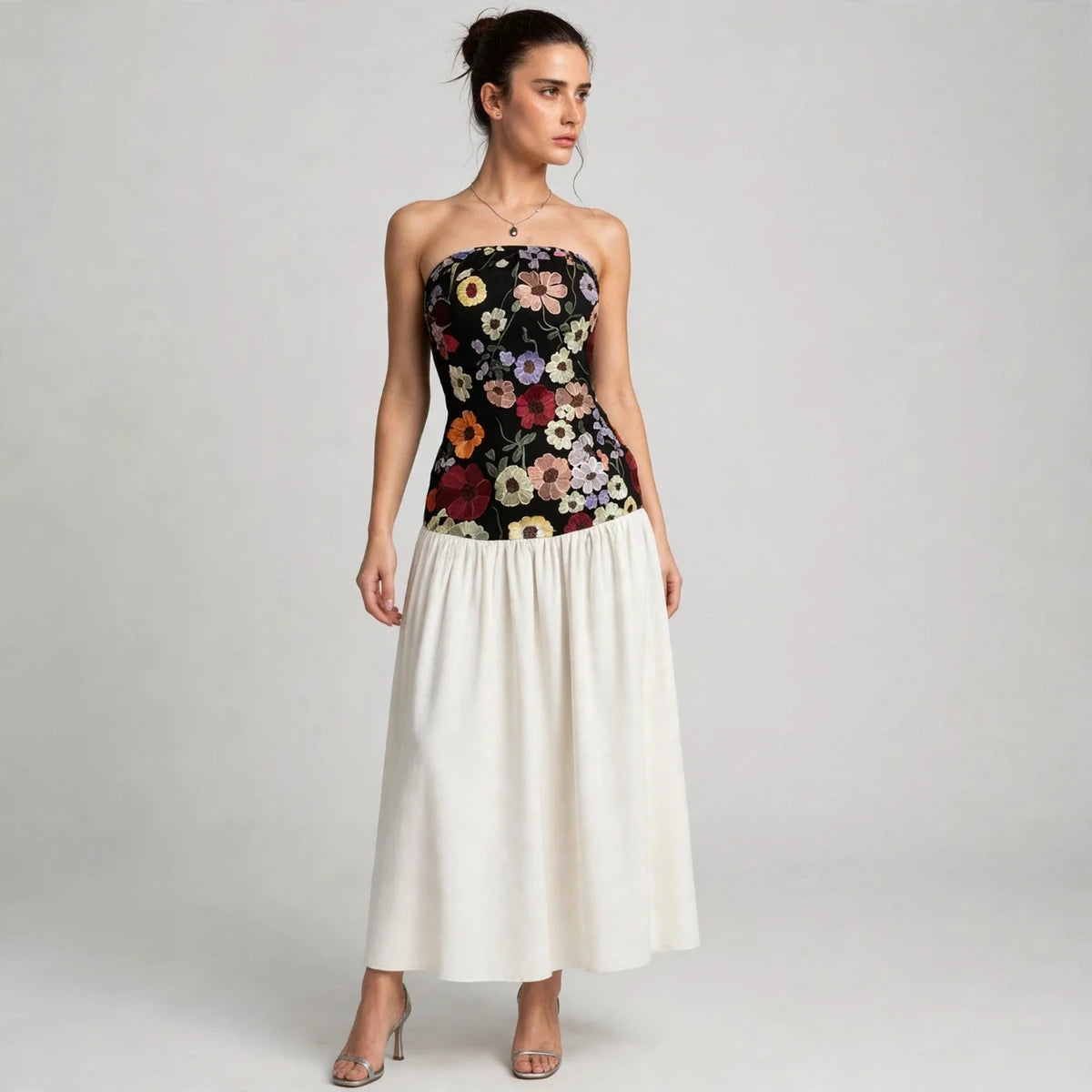 black floral embroidered tube maxi dress – front three-quarter view