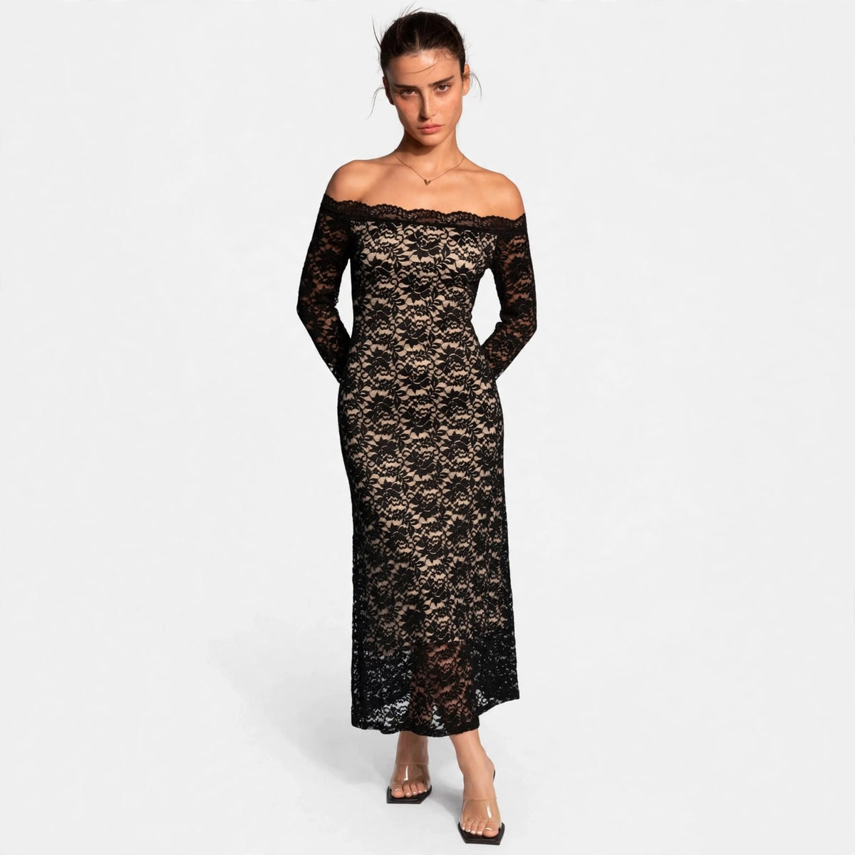Back view of a black off-shoulder lace maxi dress with long sleeves
