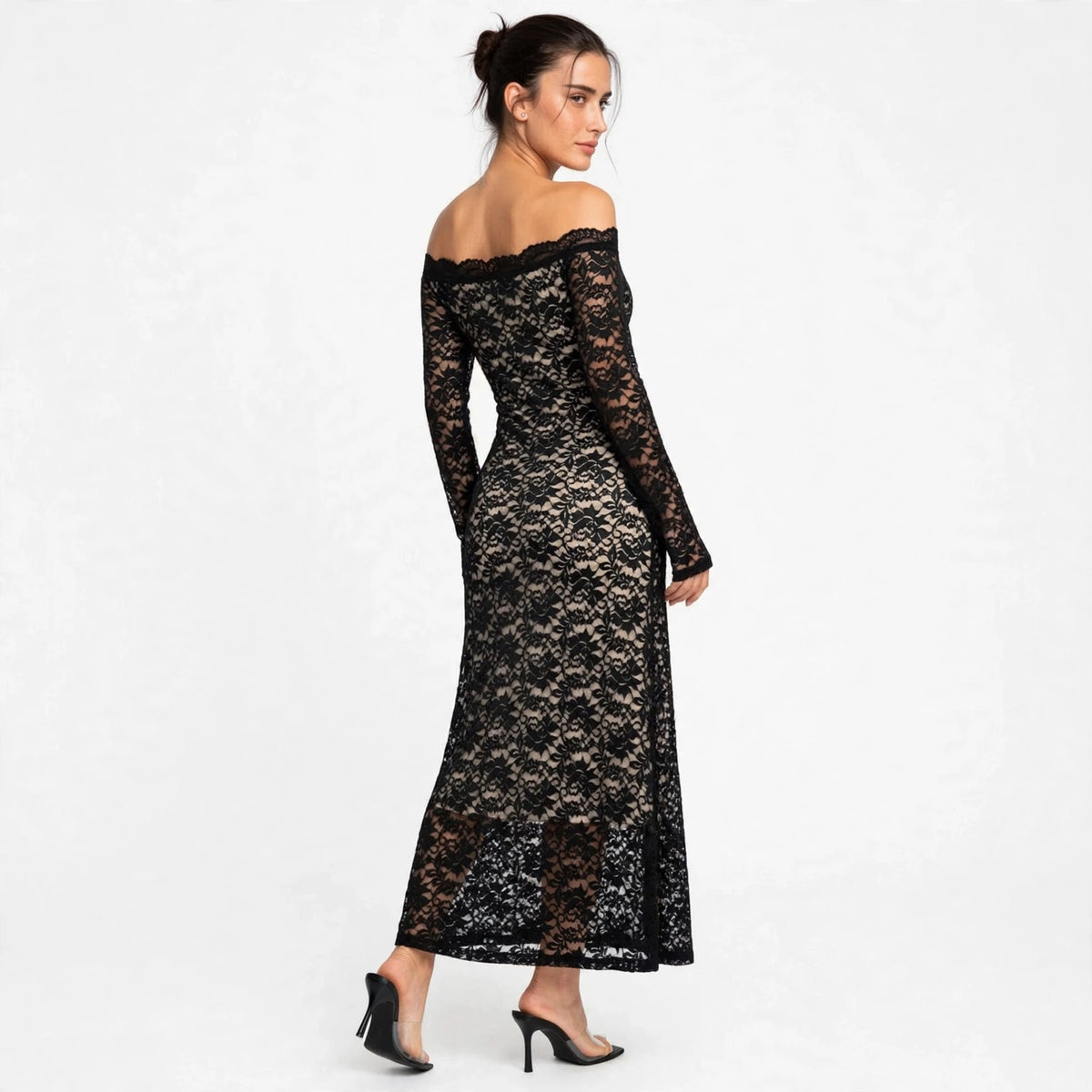 black off-shoulder lace maxi dress – three-quarter view
