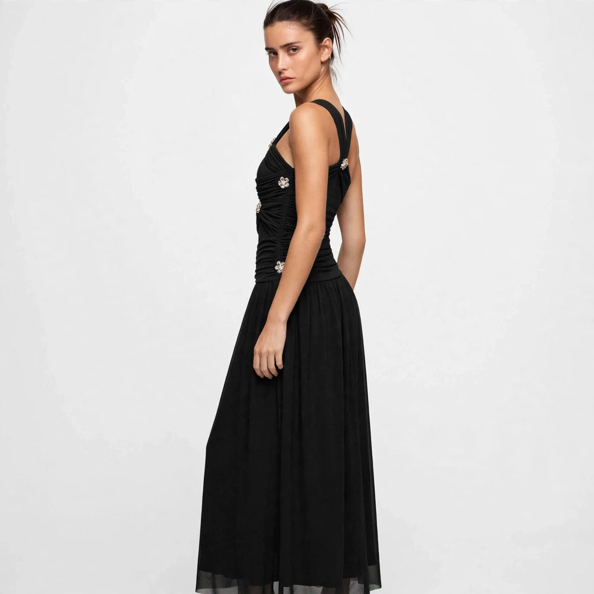 black ruched embellished maxi dress – back view