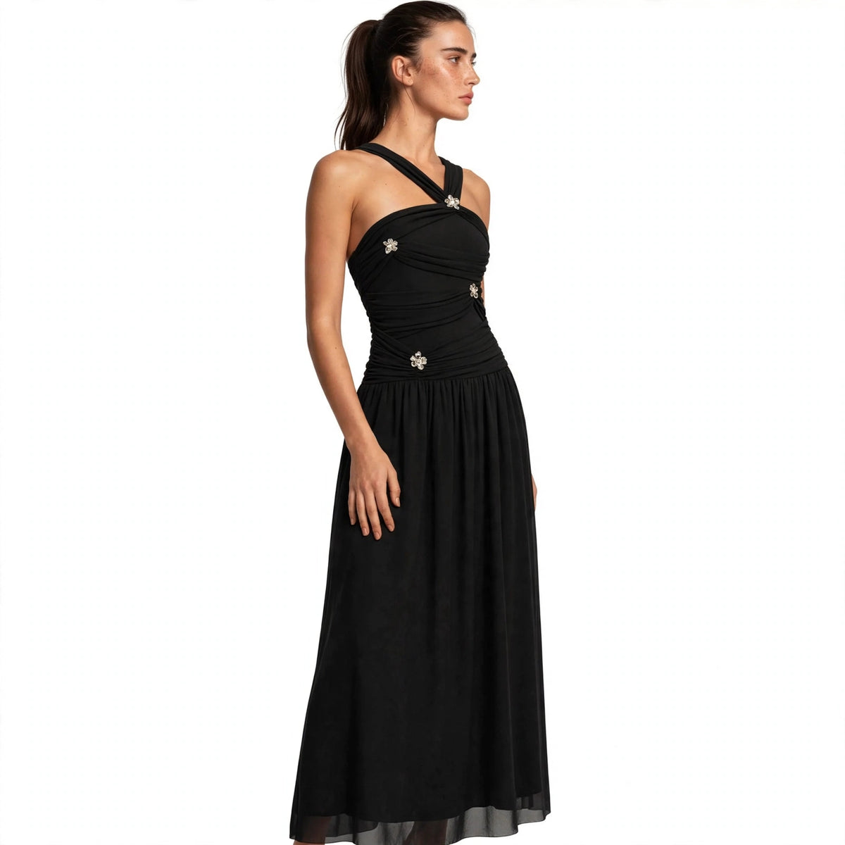 black ruched embellished maxi dress – detail view