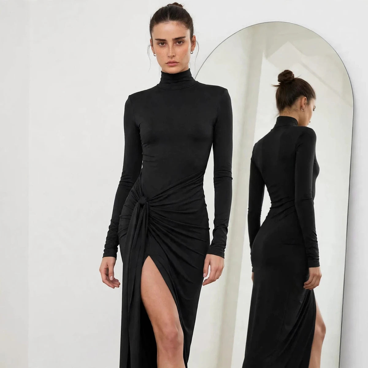 black turtleneck long sleeve maxi dress – side view