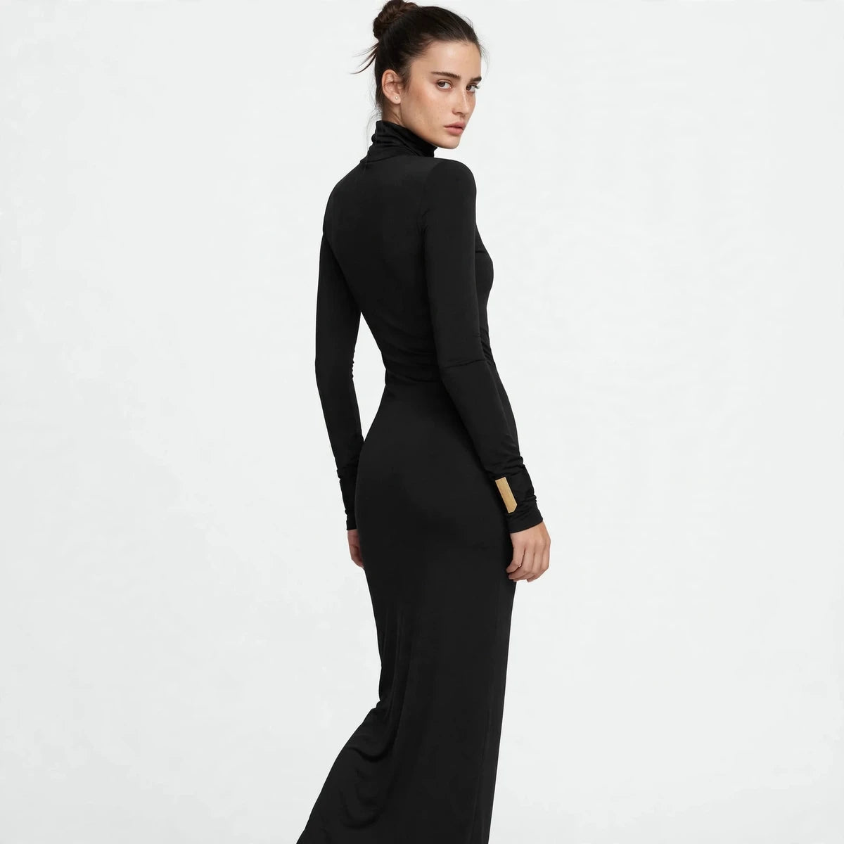 black turtleneck long sleeve maxi dress – three-quarter back view