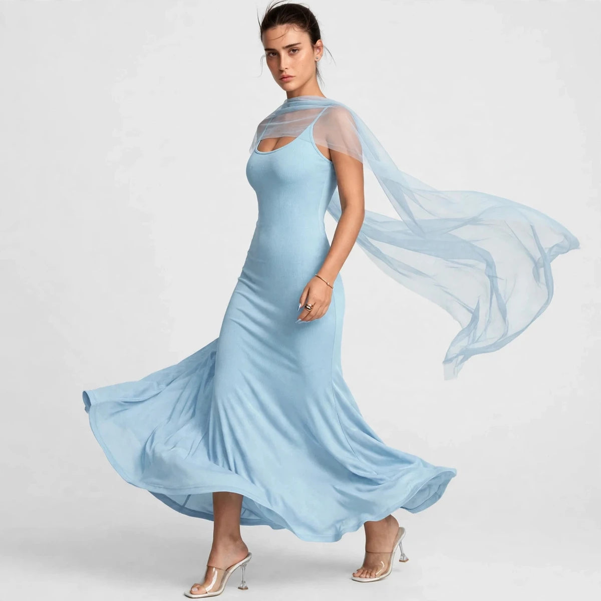 blue scoop neck bodycon maxi dress – front view
