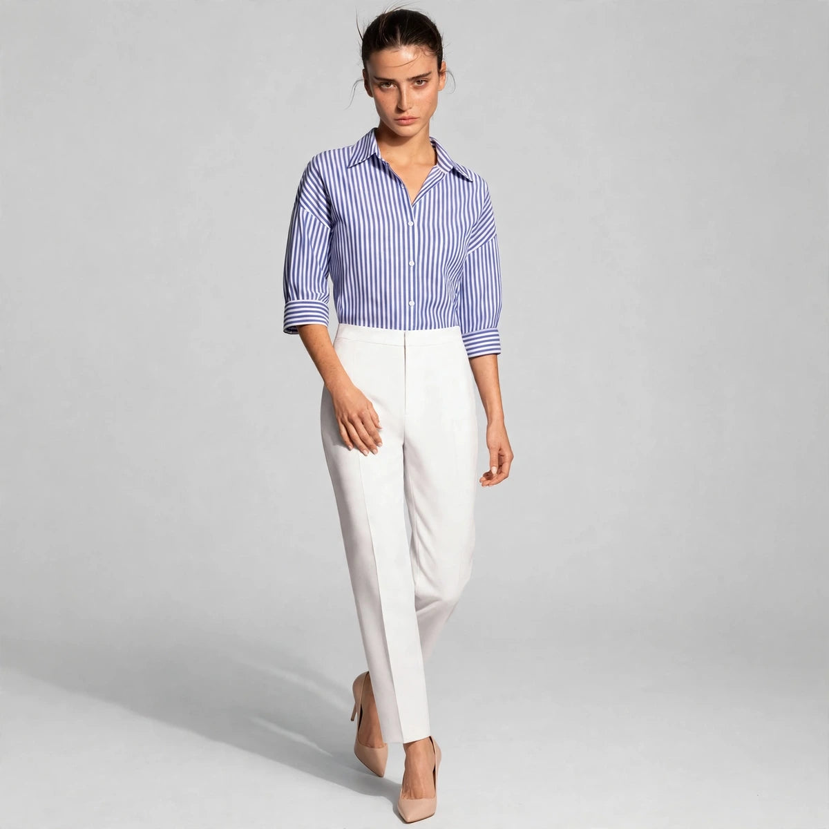 blue striped button-down shirt – model editorial view