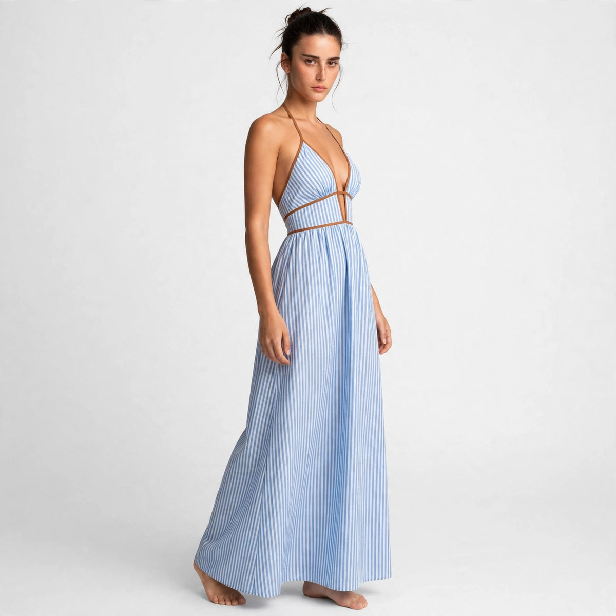 blue striped halter maxi dress – front view, V-neckline