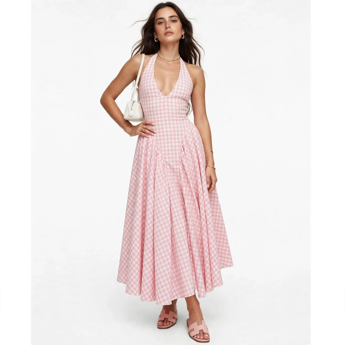 blush pink gingham halter maxi dress – full length view