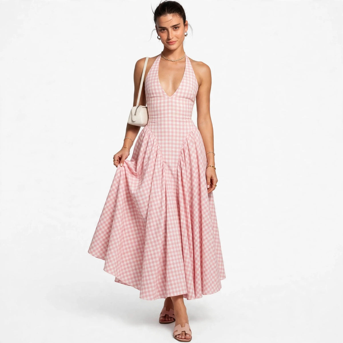 blush pink gingham halter maxi dress – side view