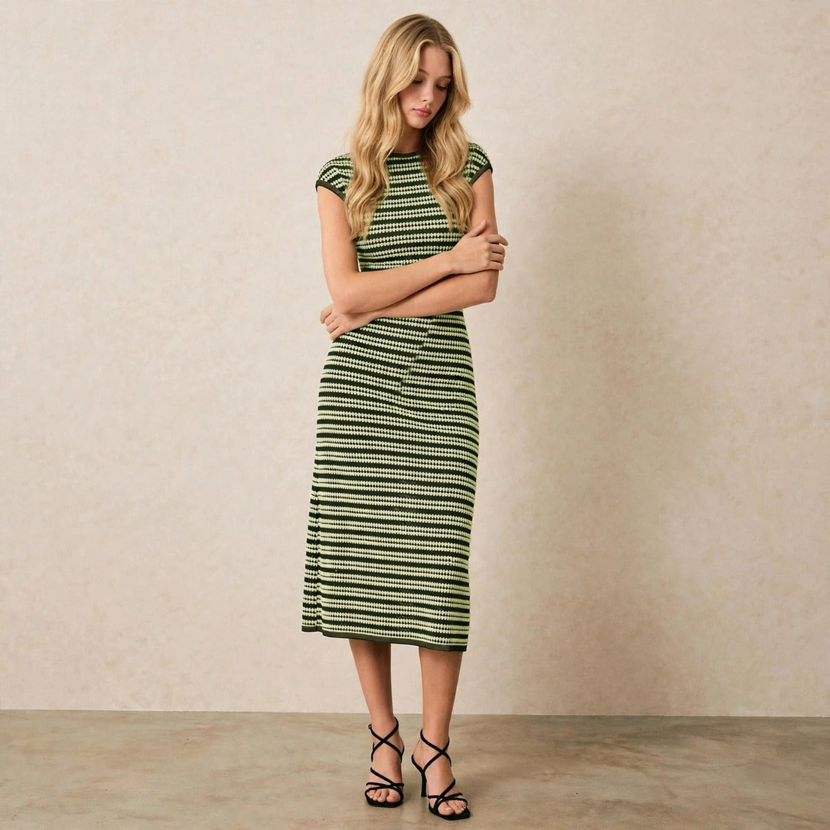 Women's dark green striped cap sleeve bodycon midi dress, front view