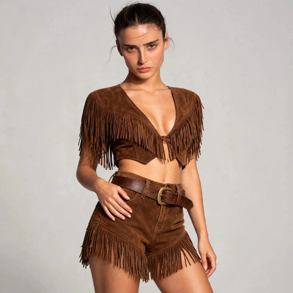 Close-up of brown fringed crop top showing v-neckline and fringe detail
