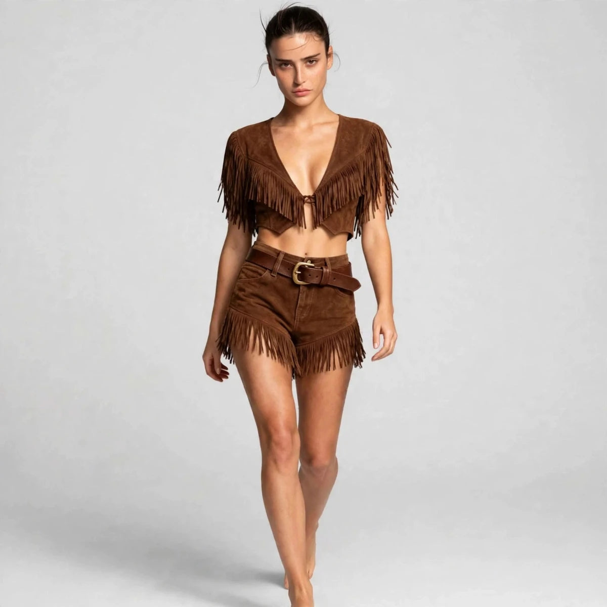 brown fringed crop top and shorts set – walking editorial view