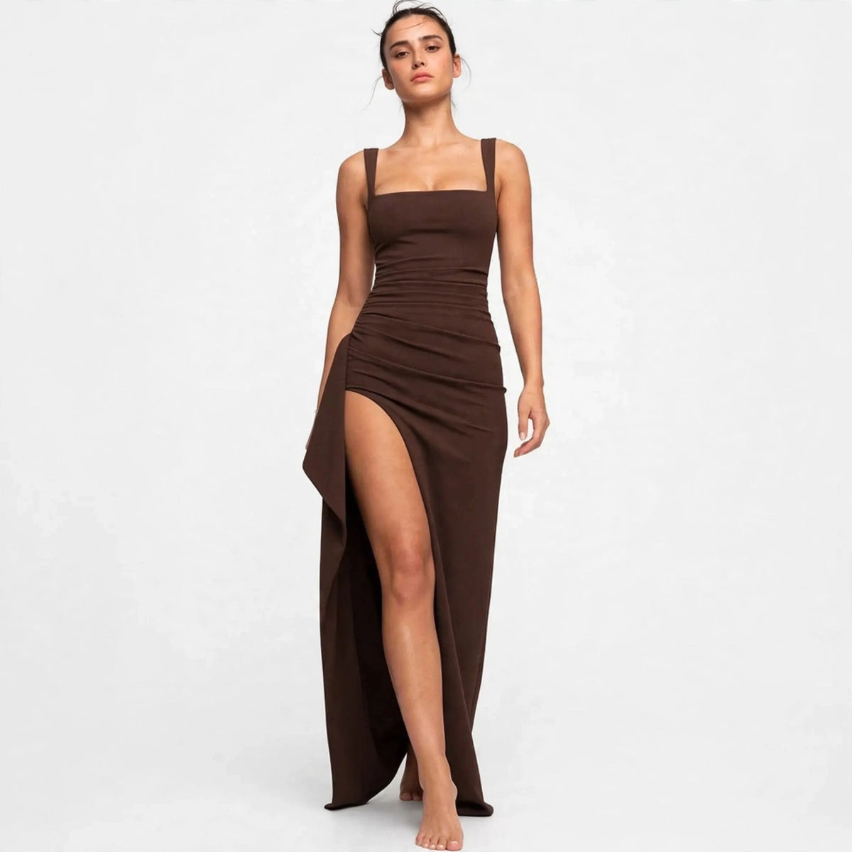 brown ruched high slit maxi dress – front view, walking