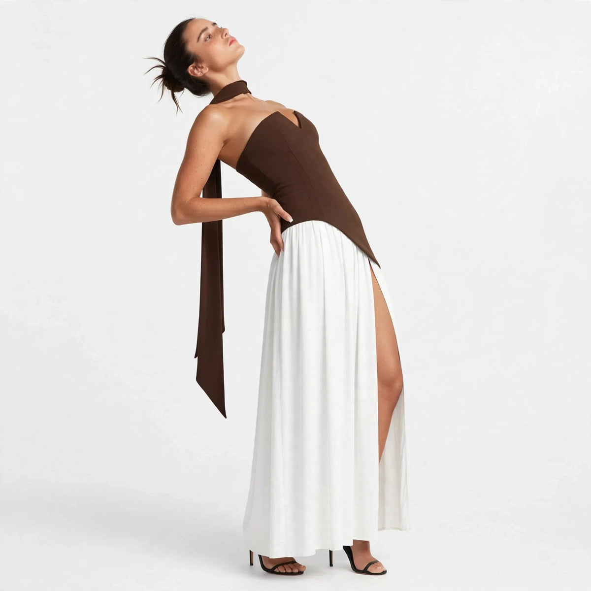 brown two-tone tube maxi dress – side view