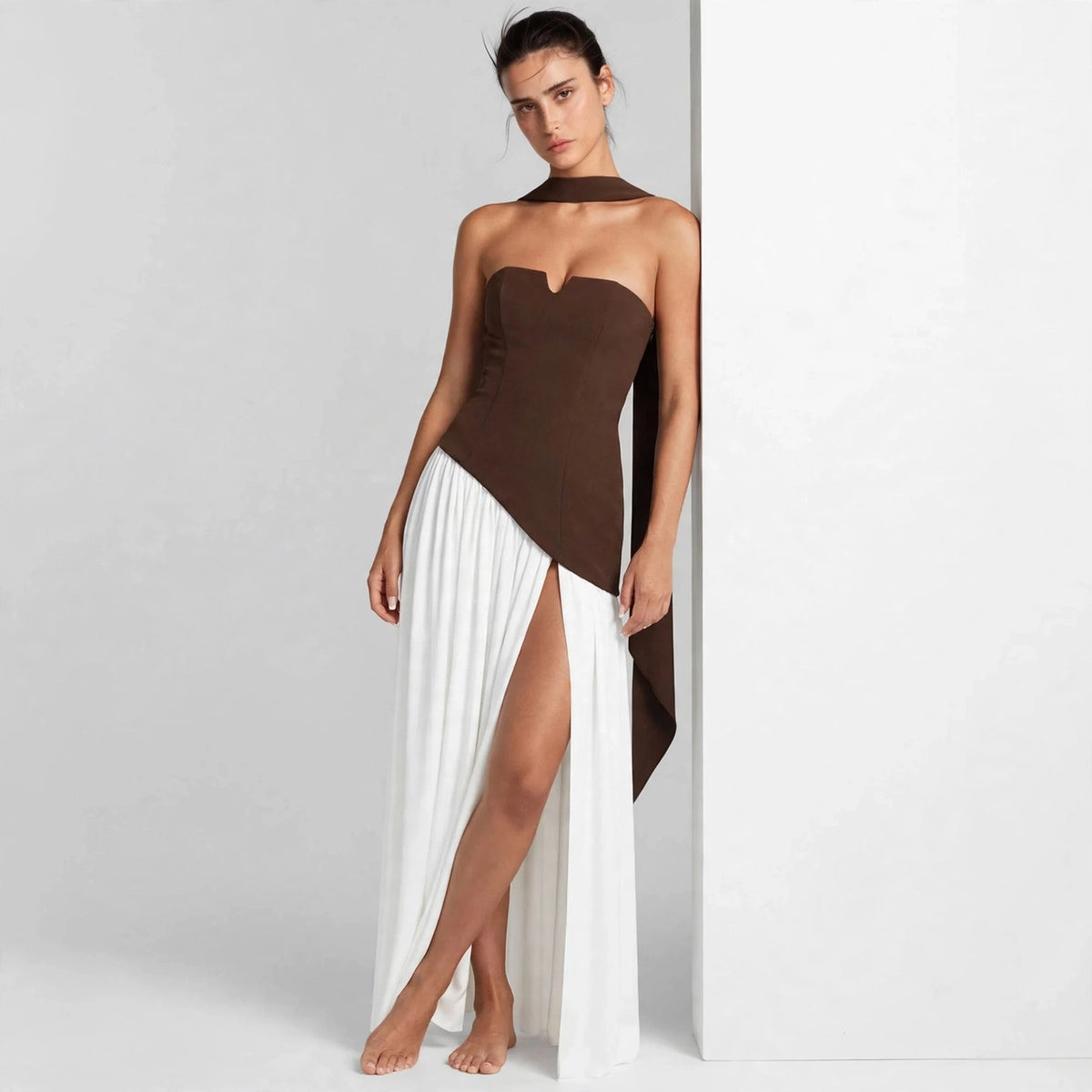 brown two-tone tube maxi dress – front view