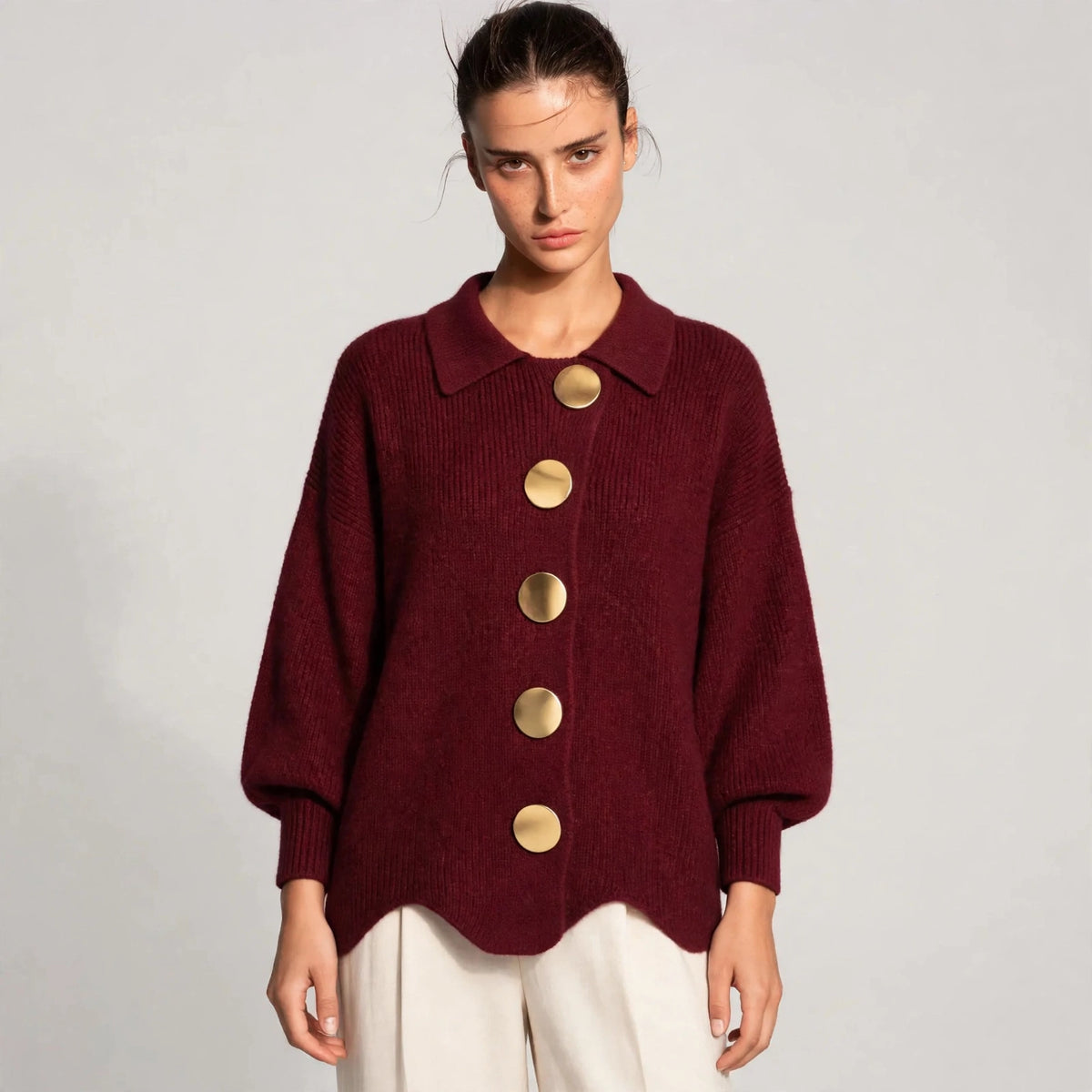 burgundy gold button lantern sleeve cardigan – front view 2