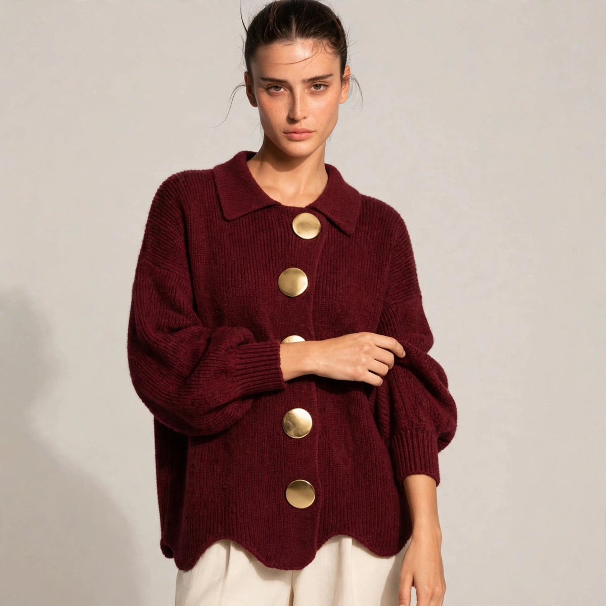 burgundy gold button lantern sleeve cardigan – front view 3