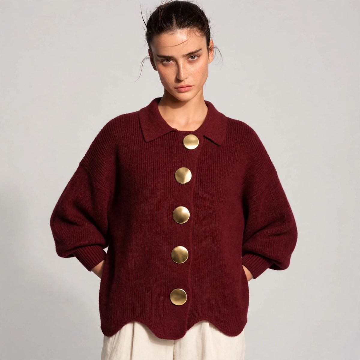 burgundy gold button lantern sleeve cardigan – front view 4