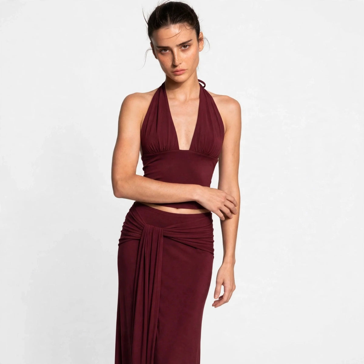 burgundy halter crop top maxi skirt set – detail view